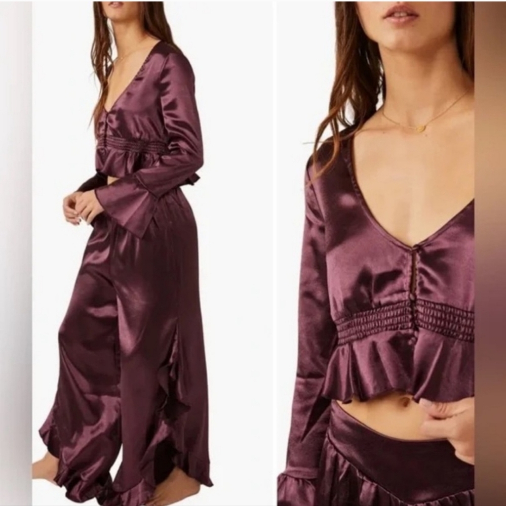 Free People CHASING LOVE Ruffle Satin Pajamas in Precious Wine NWT